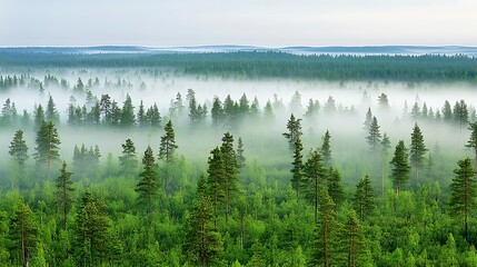 Obraz premium A green forest shrouded in misty fog looks beautiful