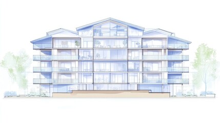 A highly detailed cross-section blueprint of a residential apartment complex.