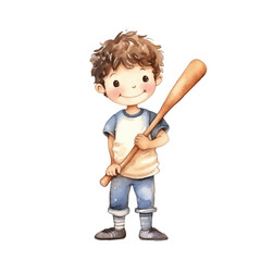 watercolors Cute boy with baseball stick illustration 