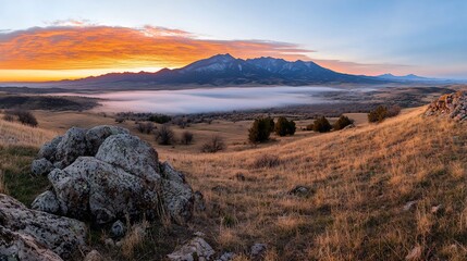 Sunrise over mountain valley, fog, autumn. Landscape photography for travel brochures