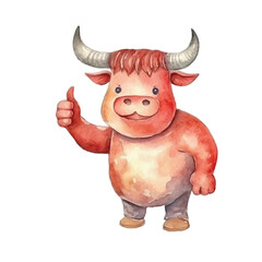 watercolors Cute bull thumbs up illustration 