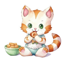 watercolors Cute cat eating fish illustration 