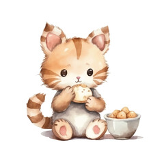 watercolors Cute cat eating fish illustration 