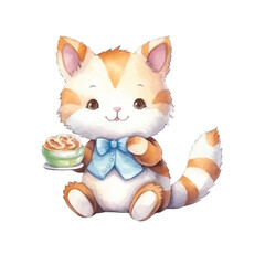 watercolors Cute cat eating fish illustration 