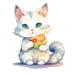 watercolors Cute cat eating fish illustration 
