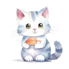 watercolors Cute cat eating fish illustration 