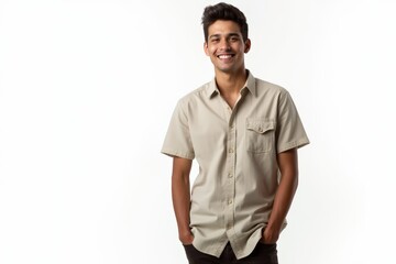Fototapeta premium Half-Length (Waist-Up) portrait of young stylish smiling Costa Rican male model in country wear isolated on pure white background looking at camera