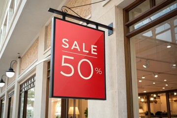Obraz premium Exciting opportunity for shoppers as a vibrant sale sign displays a remarkable 50 percent discount outside a chic boutique. Generative AI