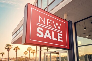 Naklejka premium Bright new sale sign welcomes shoppers at sunset outside a modern retail store with palm trees in the background. Generative AI