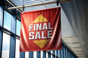 Bright red banner proclaiming final sale hangs in a contemporary shopping mall reflecting excitement and urgency of discounts. Generative AI