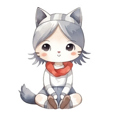 watercolors Cute cat girl sitting illustration 