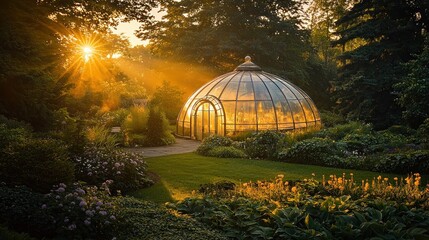 Fototapeta premium Golden hour sunlight illuminates a glass dome greenhouse nestled in a vibrant garden.