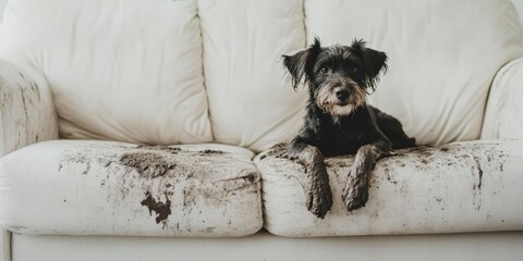 A Playful Dog Enjoys Resting Happily on a Couch That Is Covered in Some Stains on Its Fabric