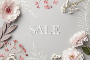 Colorful floral arrangement showcasing a sale announcement with elegant script on a light grey background. Generative AI