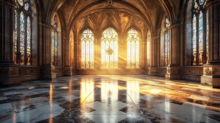 Fototapeta premium Sunlit Gothic Cathedral Interior.