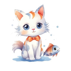 watercolors Cute cat with fish illustration 