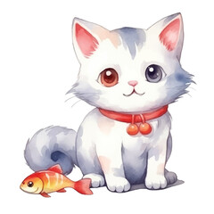 watercolors Cute cat with fish illustration 