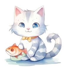 watercolors Cute cat with fish illustration 