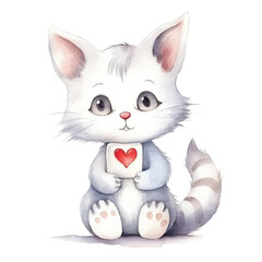 watercolors Cute cat with love sign hand illustration 