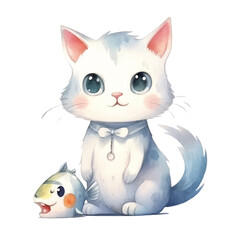 watercolors Cute cat with love sign hand illustration 