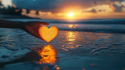 Fototapeta premium Capture the magic of love with romantic heart hands at sunset on the beach, a perfect scene of connection and beauty.