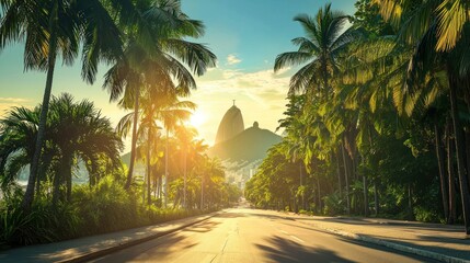 Fototapeta premium Sunrise over Sugarloaf Mountain, Rio de Janeiro, palm trees lining a road.