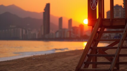 A stunning view of a wooden lifeguard chair silhouetted against the vibrant sunset at a popular beach resort.