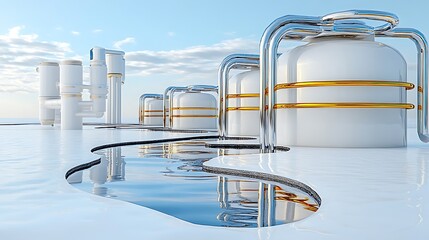 Industrial oil storage tanks coastal area 3d render bright day aerial view modern design