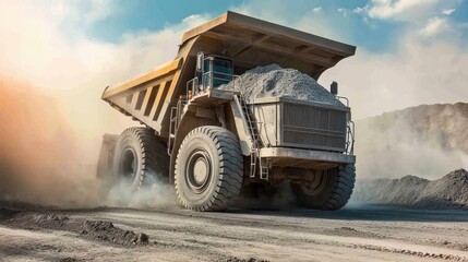 Obraz premium A massive dump truck loaded with gravel driving across a dusty construction site.