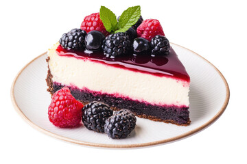 Delicious berry cheesecake slice with fresh fruit, cut out