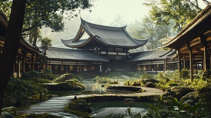 Serene Japanese temple garden with misty morning.