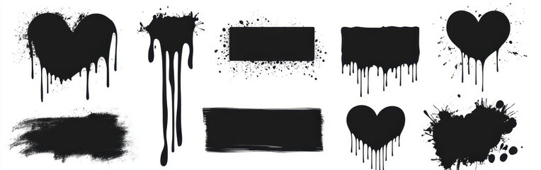Graffiti spray paint frames set in black color with dripping effect and spatter dots. Stencil shapes - circles, rectangles, heart filled with dark ink. Urban art border elements with rough texture. 