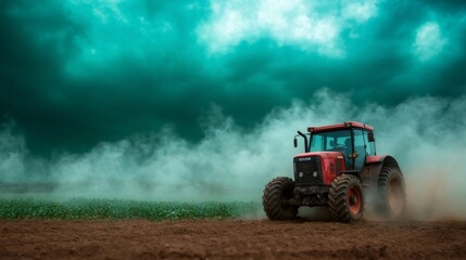 Obraz premium Tractor plowing field, dramatic sky, agriculture. Use farming, advertisement