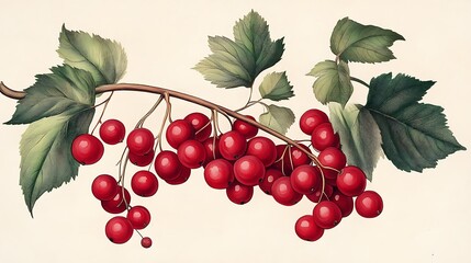 Obraz premium Botanical Illustration: Red Berries on Branch, Vintage Style AI Generated