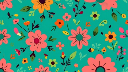 vibrant and colorful floral pattern on green background, composed of variety flowers leaves in different colors, creating beautiful design