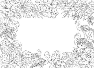 Line art square frame adorned with pink flamingo and tropical palm leaves and flowers on white background. Abstract summer vector illustration