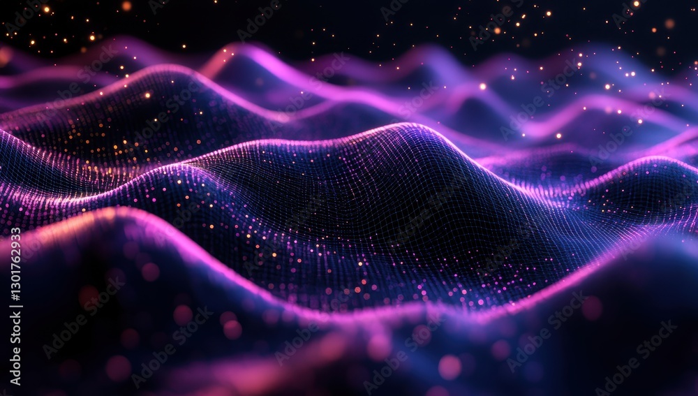 Poster abstract 3d wave pattern with colorful lights and glowing particles for modern digital background or