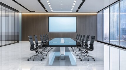 A modern conference room with a sleek glass table, ergonomic chairs, and a large screen for presentations.