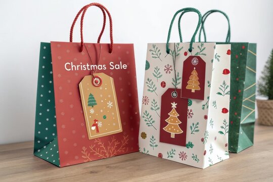 Brightly colored gift bags adorned with festive designs prepare for a cheerful Christmas sale in a cozy indoor setting. Generative AI