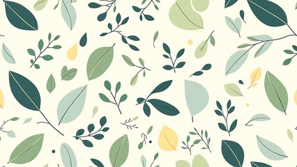 seamless pattern of green and yellow leaves on white background, arranged in repeating pattern, creating visually pleasing design