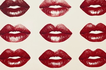 Obraz premium Vivid display of glamorous red lips arranged in an artistic pattern on a soft cream background. Generative AI