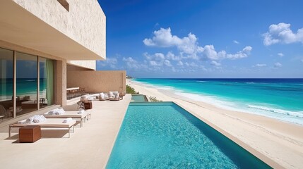 Fototapeta premium A modern hotel pool with a minimalist concrete deck, overlooking a pristine beach.
