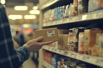 Shopper discovers sold-out item in bustling grocery store during late afternoon rush. Generative AI