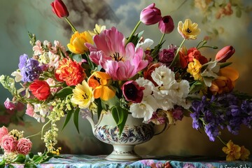 Vibrant bouquet arrangements filled with colorful blossoms showcasing spring's allure in a charming vintage vase. Generative AI