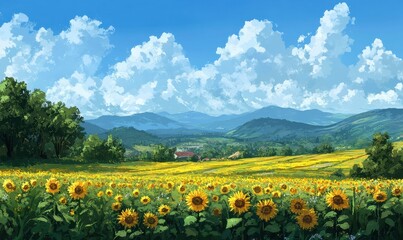 Sunny skies and sunflowers, landscapes of the outdoors.