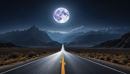 Road in Night with Moon and Milky Way, Capturing a Serene and Majestic Nighttime Journey Under a Starry Sky, Night time with moon shining over empty road generated ai
