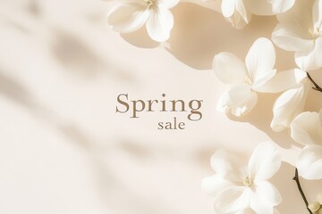 Delicate white flowers elegantly arranged to promote a seasonal sale with a soft and inviting background in springtime. Generative AI