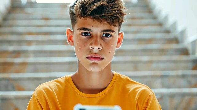 Unhappy teen boy on stairs, frustrated and alone, showcasing issues of learning difficulties, gaming addiction, and emotional struggles in adolescence.