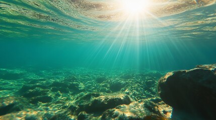 Fototapeta premium Underwater sun rays illuminate seabed rocks. Ocean floor scene for travel brochure