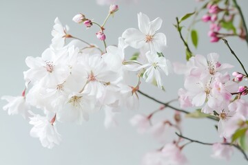 Fototapeta premium Delicate cherry blossoms bloom gracefully against a serene backdrop in spring's enchanting embrace. Generative AI